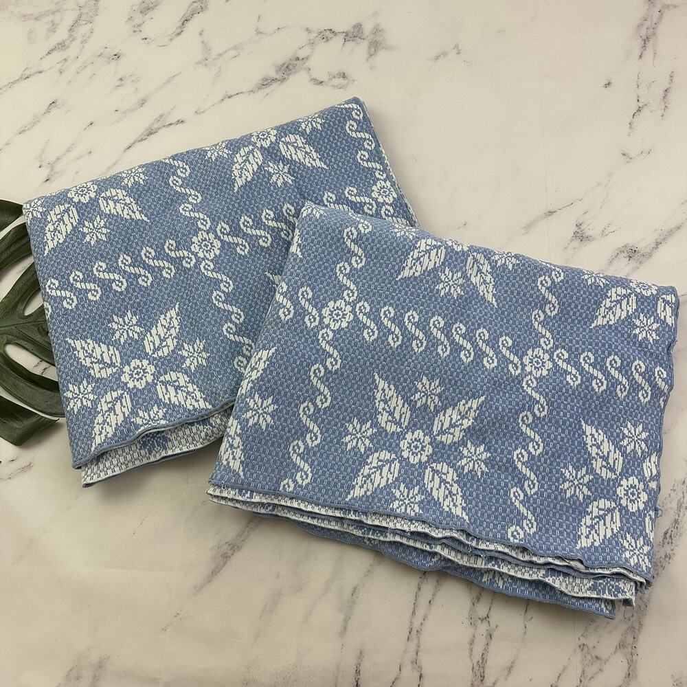 Stevens Vintage 70s Bedspread Coverlet Set of 2 Twin Size Blue White Floral
